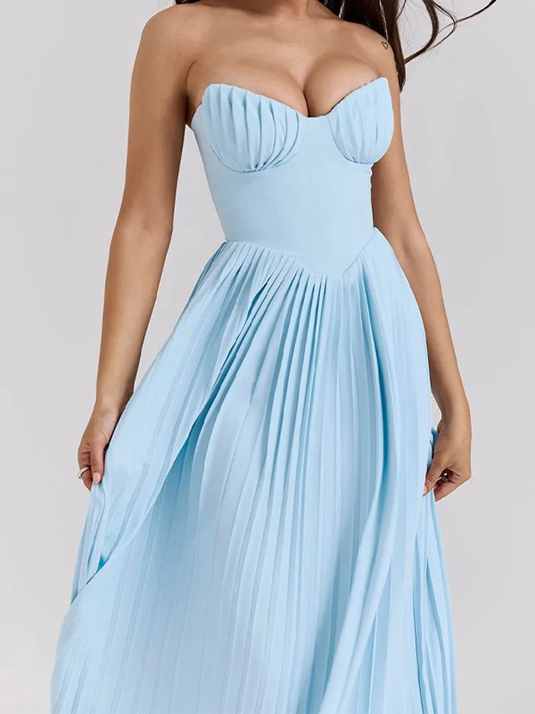 vzyzv  -  Sexy Strapless Women Pleated Maxi Dress Fashion Solid Backless High Waist Dresses  Summer Lady Sleeveless Party Evening Robe