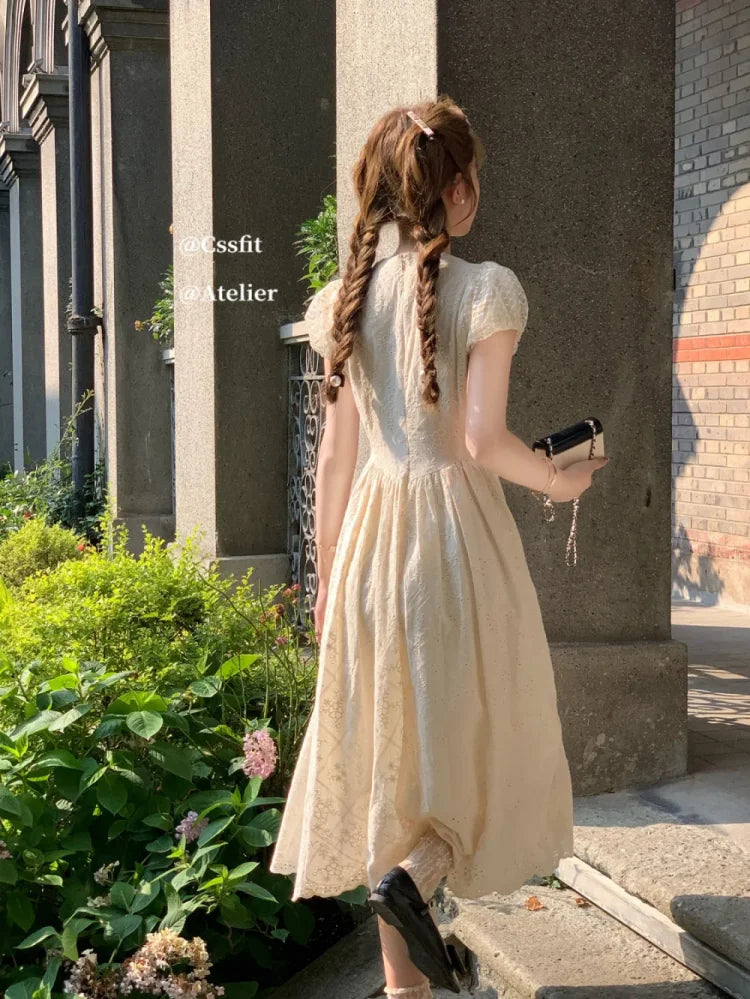 vzyzv -  French Retro Summer Short Puff Sleeve Dress Women Elegant Embroidery Tight Waist Slim Sweet Platycodon Hollow Long Dress