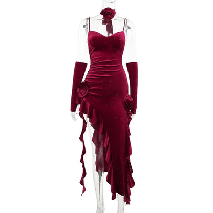 vzyzv  -  Christmas Shanshan Velvet Spaghetti Strap Ribbon Dress + Sleeve Ties, Niche Design Irregular Long Dress