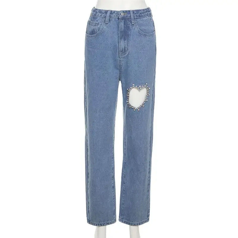 vzyzv  -  Female Mom Jeans High Waist Women Blue Heart Hole Diamond Denim Trousers Straight Leg Baggy Ripped Pants Streetwear Jeans