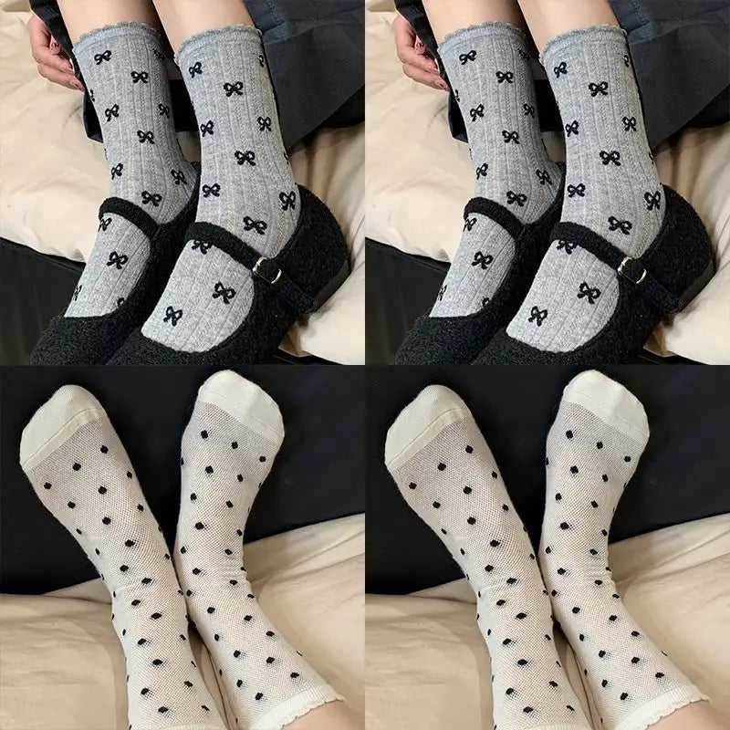 vzyzv -  Summer Thin Bow Dot Lace Mid Tube Socks Versatile Mesh Hollow College Style Sweet Stacked Socks Japanese JK Calf Socks for Women