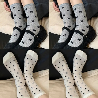 vzyzv -  Summer Thin Bow Dot Lace Mid Tube Socks Versatile Mesh Hollow College Style Sweet Stacked Socks Japanese JK Calf Socks for Women