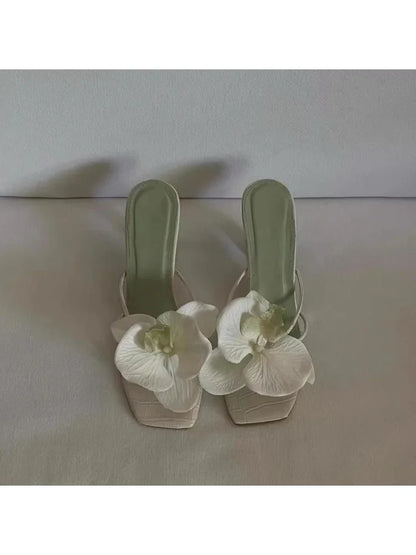 vzyzv -  Pink Red Green Orchid Flowers Decor Outside Women Hight Heels Slippers Summer 2024 Thin Heels Ladies Flipflops