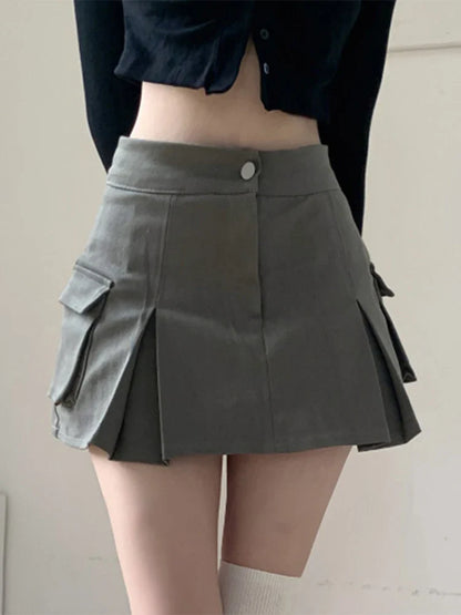 vzyzv -  Pockets High Waist Pleated Y2K Cargo Denim Short Skirts A Line Women Casual Half Skirt Summer  women clothing American Solid