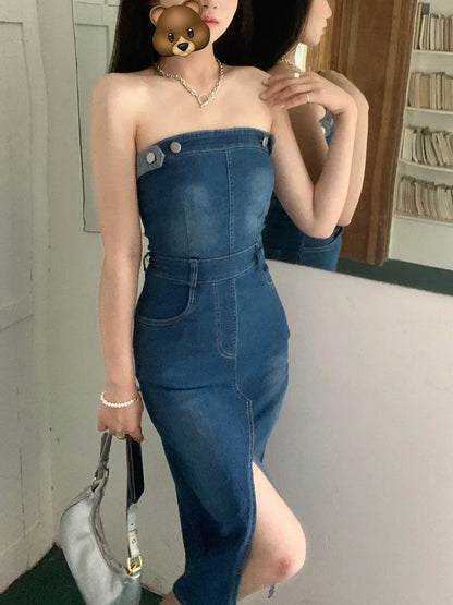 vzyzv -  Fashion Sexy Strapless Denim Dress Women Korean Summer Sleeveless Sheath Long Dresses Casual Slim Jeans  Vestidos