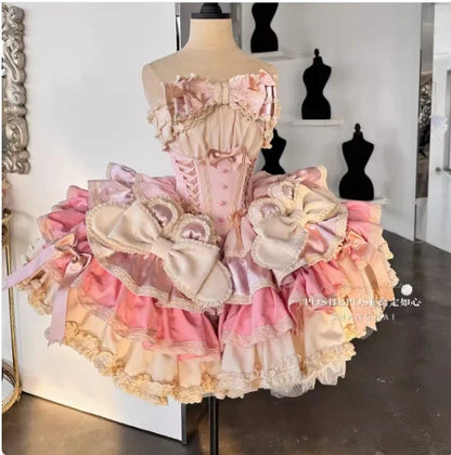 vzyzv -  New 2024 Spring Summer Lolita Sweet Girl Women's Strapless Princess Dress Big Bow Lace Ruffled Pettiskirt Mini Party Dresses