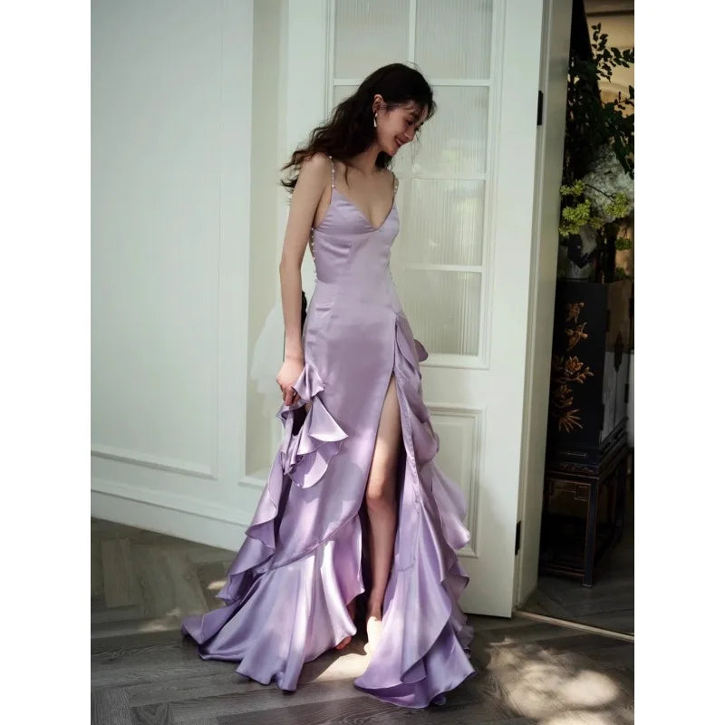 TAVIMART  -  Purple V-neck Strap for Bride's Wedding Sexy Pleated Split Tassel Birthday Party Dress Платье Для Мамы Жениха Women Gowns