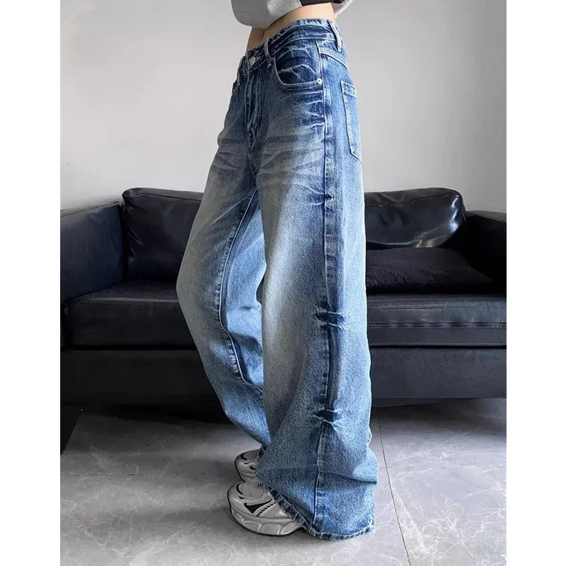 vzyzv  -  Blue Jeans Women American Style 90S Vintage High Waisted Jean Straight Trouser Streetwear Casual Loose Wide Leg Denim Pants