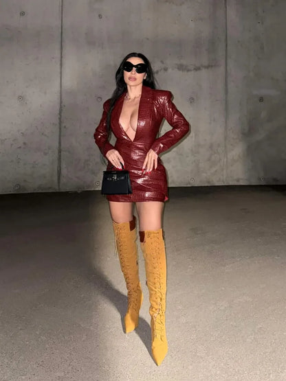 vzyzv  -  Women Sexy Deep V Red Lattice Leather Mini Dress Fashion Long Sleeve High Waist Fold Slim Dresses Lady New Highstreet Short Robe