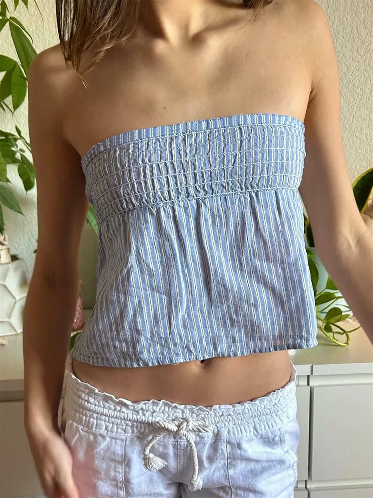 vzyzv -  Sexy Women Summer Tube Tops Striped Print Tie-up Bow Off-Shoulder Backless Mini Vest for Streetwear Grunge Tank 2024