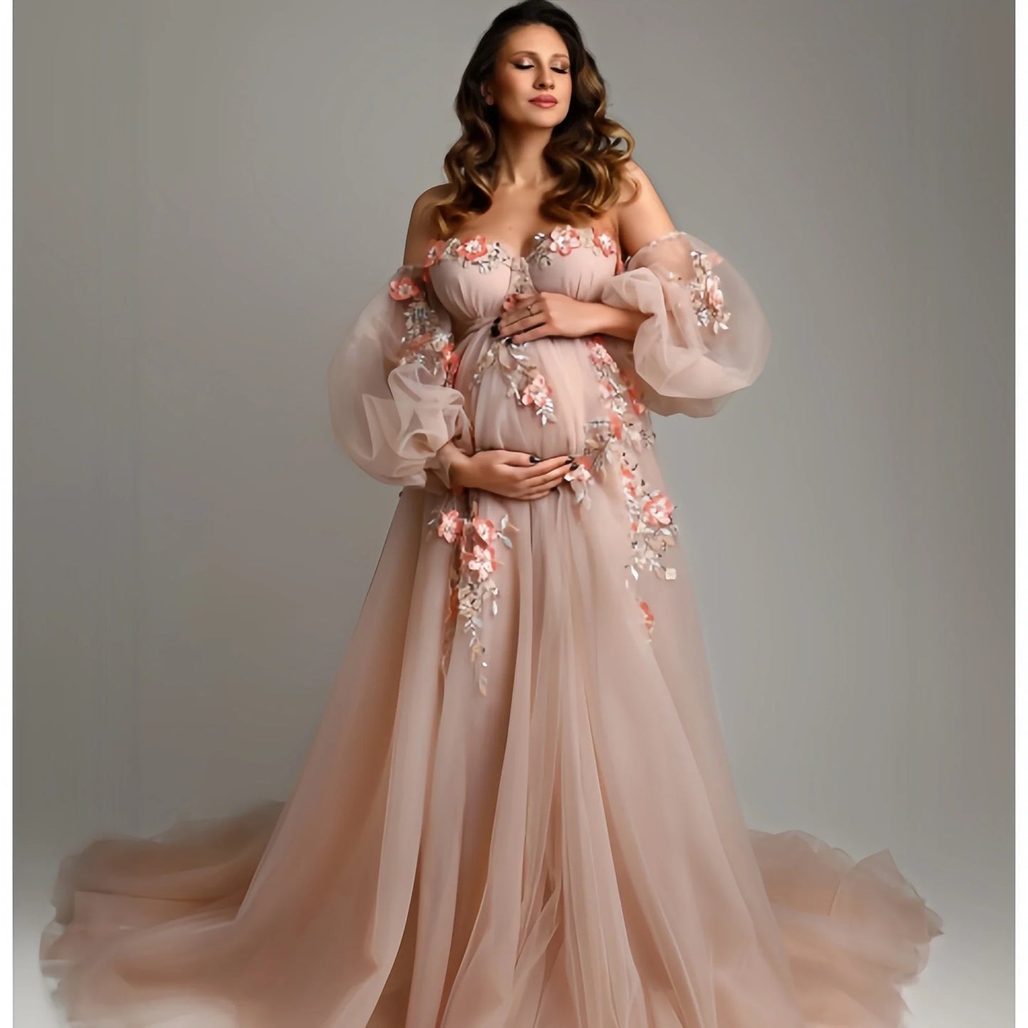 nvxiot  -   Maternity Dress for Women  Beading Detachable Sleeves Gala Dress Lace Appliques Tulle Pregnancy Babyshower Gowns