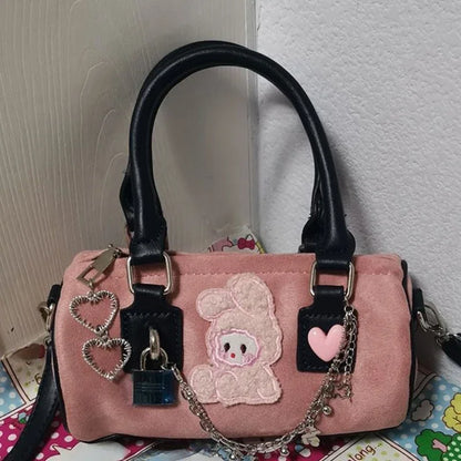 vzyzv  -  Patchwork Bear Heart Chain Shoulder Handbags All Match Kawaii Cute Sweet Crossbody Women Bags Y2k Contrast Color Cylinder