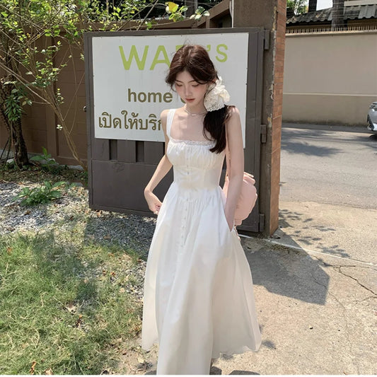 vzyzv -  Elegant Beach Party White Midi Dresses for Women  Summer New Korean Fashion Casual Sleeveless Slim Flower Female Clothing