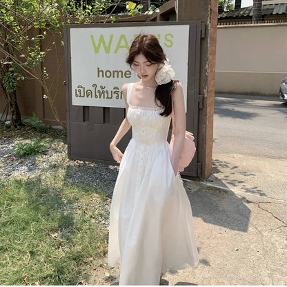 vzyzv -  Elegant Beach Party White Midi Dresses for Women 2024 Summer New Korean Fashion Casual Sleeveless Slim Flower Female Clothing