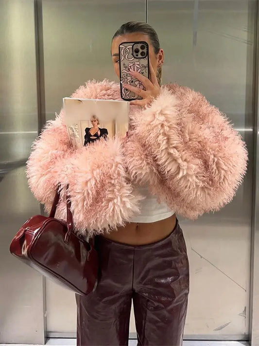 vzyzv  -  Fashion Oversized Pink Fluffy Faux Fur Coat For Women Casual Lapel Long Sleeved Thicken Plush Coats Ladies High Streetwear