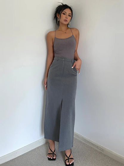 vzyzv  -  Retro High Waist Half Skirt Girl Bifurcate Slim A-LINE Gray Skirts Fashion American Spicy Girls New 5P2F