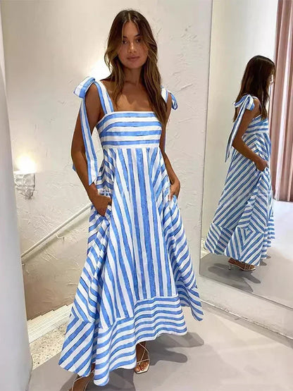 vzyzv -  Fashion Stripe Printing Bow Lace Up Bow Sling Dress Women Elegant Sleeveless Backless Long Dresses  New Lady Beach Vestidos