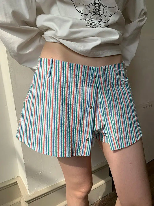 vzyzv -  Summer Thin Striped Rainbow Loose Shorts Skirts for Women New Retro Straight Casual Pants Trend High Waist Shorts Women Clothing