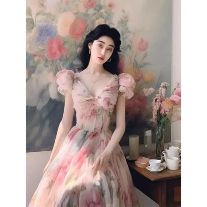 vzyzv -  High end French Hepburn Style Unique Pink Flower Long Dress Summer Sweet Bubble Sleeve Waist Slimming Vintage Dress for Women