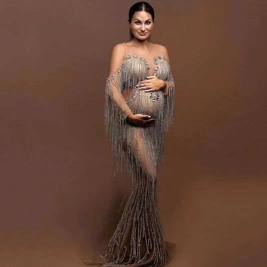 nvxiot  -  2024 new arrivals blingbling diamond tassels maternity dresses pregnant women party plus size dresses for photo shoot