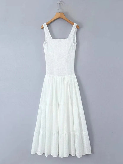 vzyzv -  Flower Hollow Out White Dress Women Sleeveless Summer Tank Cotton Maxi Vestidos Sundress Beach Casual Long Dress 2024