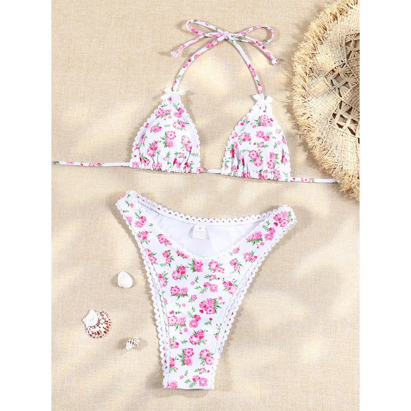 TAVIMART  -  Bandage Bikini Sets Halter Swimwear Sexy Swimsuit Women Bow Bikinis Low Waist Bathing Suits Print Biquini Triangle Beachwear