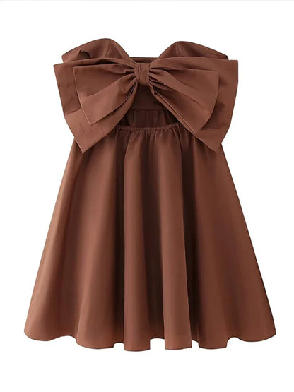 vzyzv  -   Vintage Bow Tube Top Mini Dress Women Summer New Sexy Hollow Out Pleated Backless Female Party Dresses Elegant Evening Robe