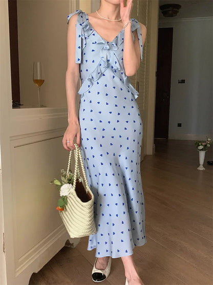 vzyzv -  S-M Korea Summer Holiday Long Printed Dress Women 2023 OL Ruffles V-Neck Slim Sleeveless Chic Party New Sexy Gentle