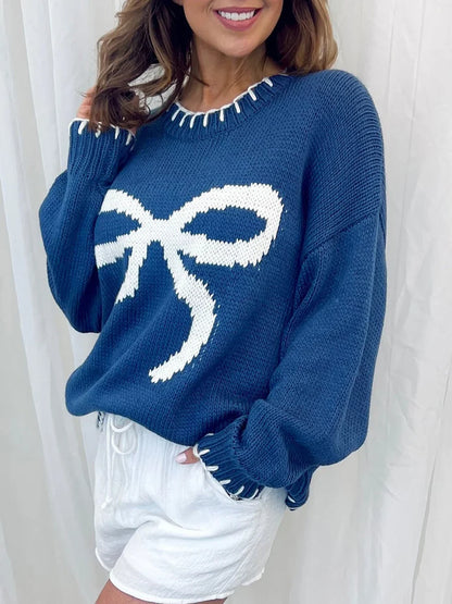 vzyzv  -  Women Cute Bow Printed Sweater Crewneck Oversized Knit Jumper Top Long Sleeve Pullover Sweater Knitwear