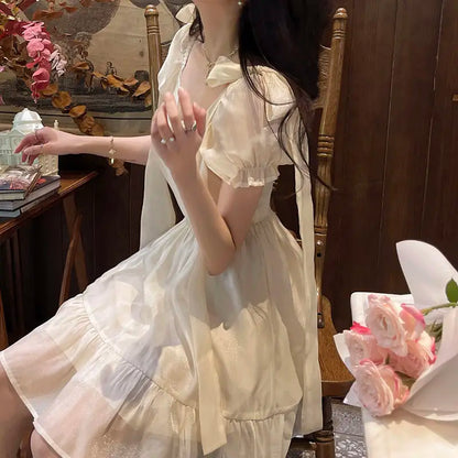 vzyzv  -  Summer Japanese Sweet Puff Sleeve Dress Women Bow Party Mini Dresses Female Blue Princess Korean Fashion Dresse College