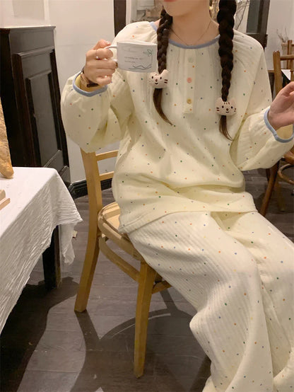 vzyzv  -  White Gauze Pajama Set Women Sleepwear Autumn Winter Polka Dot Pyjamas Long Sleeve Home Suit Crepe Breathable Nightwear S379