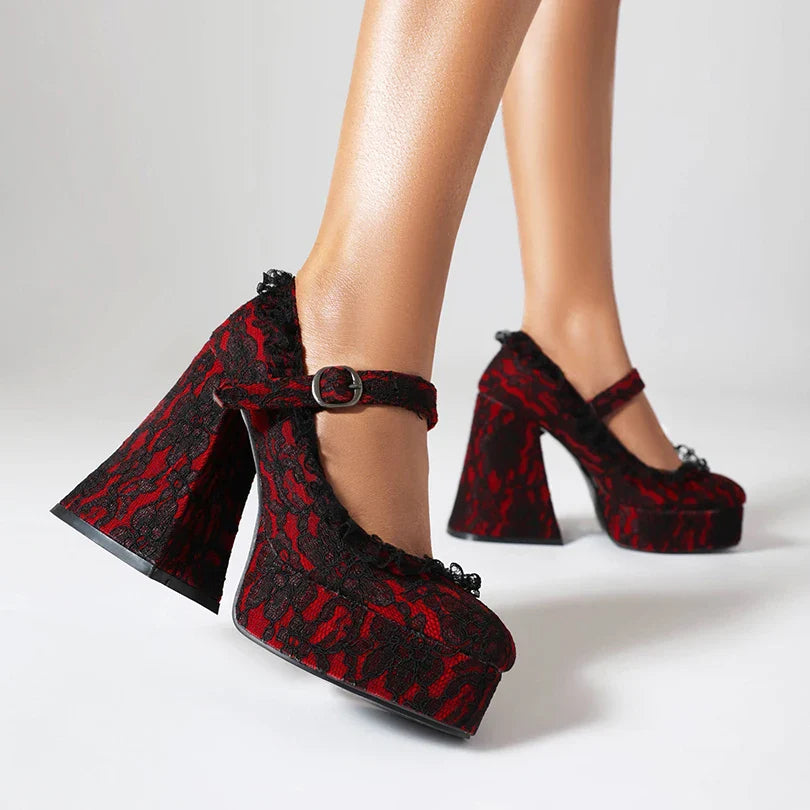 vzyzv  -  Lace Printed Fabric Platform Ultra-High Conical Heel Shallow Fashion High Heels Buckle Floral Fabric Elegant And Sexy Pumps