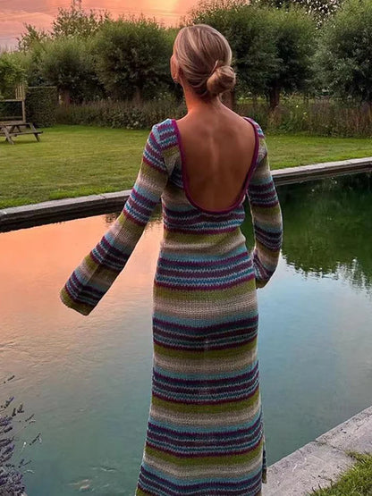 vzyzv  -  Autumn Knitted Striped Dresses For Women Elegant Backless Long Sleeve Slim Female Long Dress New Fashion O Neck Lady Robe