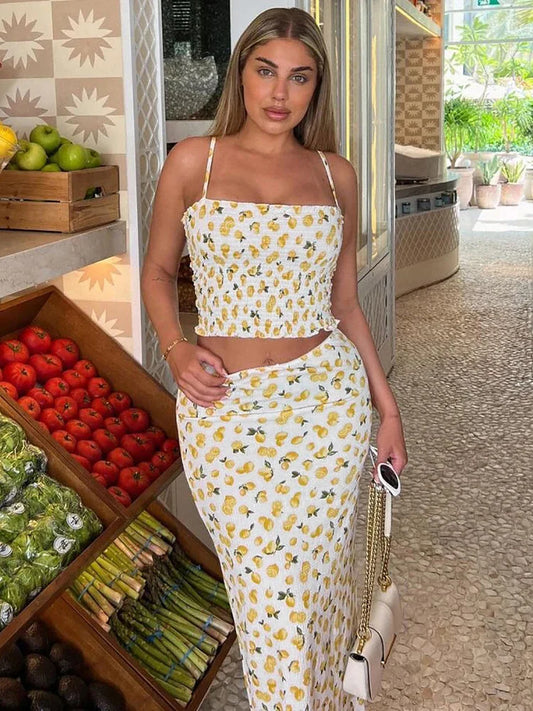 vzyzv -  Sexy Backless Print Floral Women Skirt Suit Yellow Sapghetti StrapTop Long Skirt Set Summer Skinny Casual Two Piece Sets