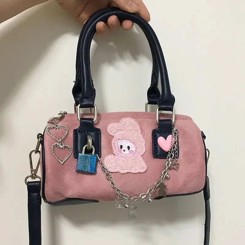 vzyzv  -  Patchwork Bear Heart Chain Shoulder Handbags All Match Kawaii Cute Sweet Crossbody Women Bags Y2k Contrast Color Cylinder