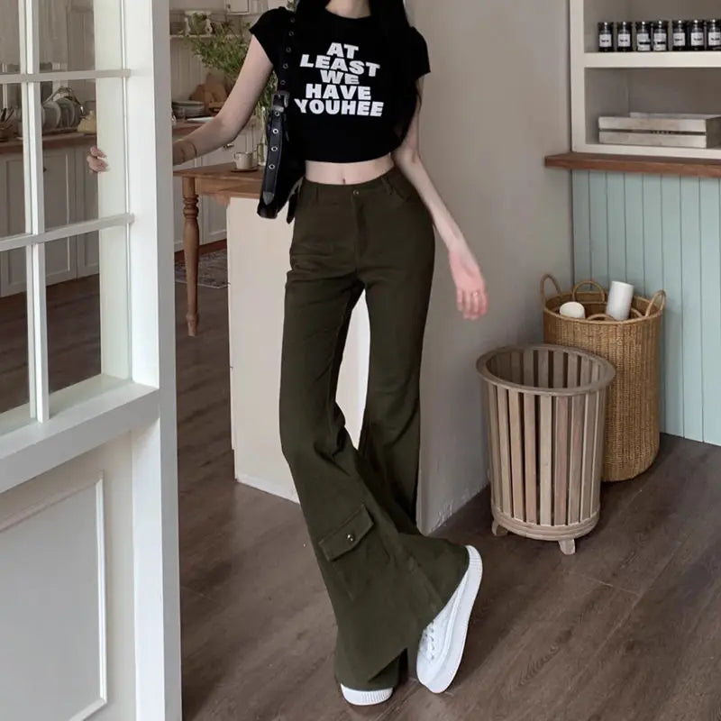 vzyzv  -  Cargo Jeans, Army Green Multi-Pocket Women'S Slimming American Retro High-Waisted Boot-Cut Trousers Floor-Length Trousers