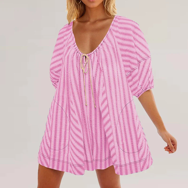 vzyzv -  New 2024 Summer Striped Print Loose Shorts Jumpsuit Ladies Sexy V Neck Lace Up Beach Playsuit Fashion Puff Sleeve Pocket Romper