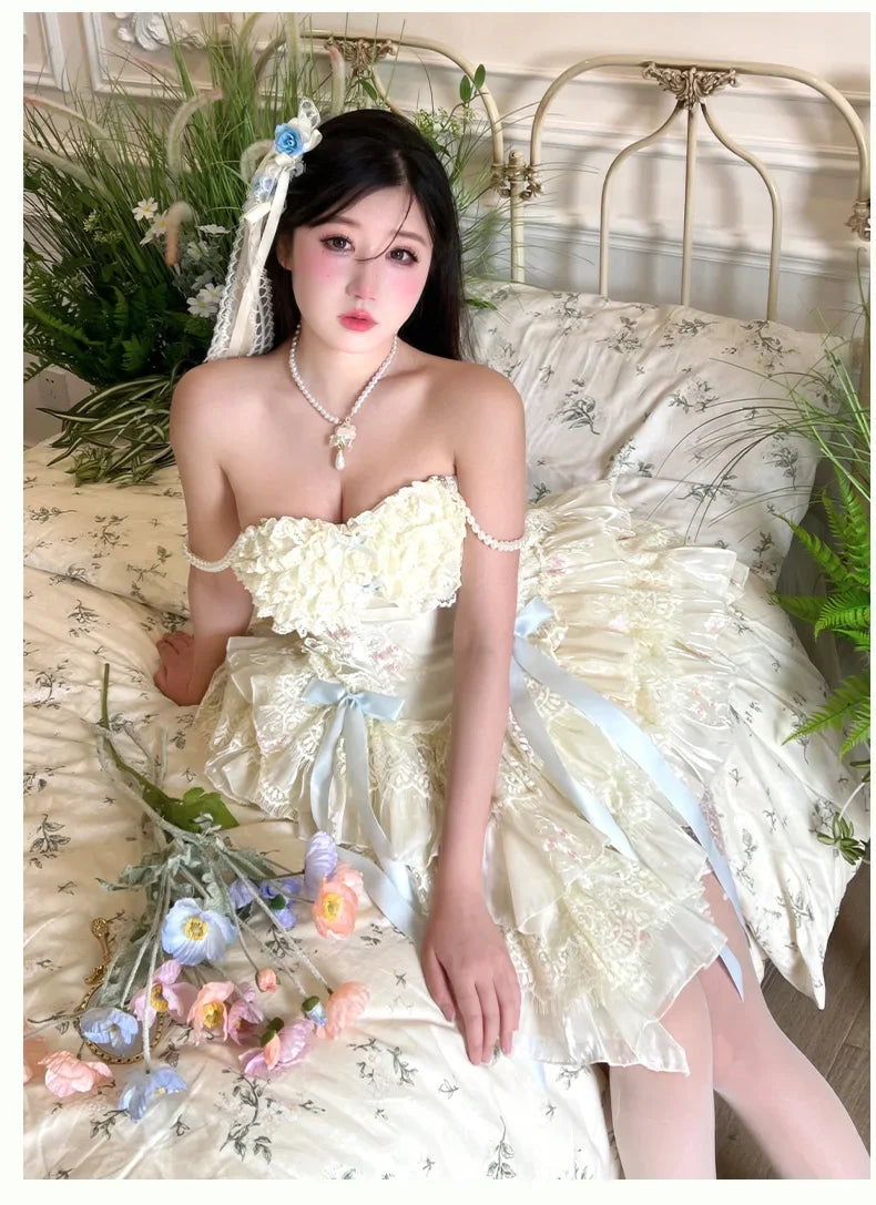 vzyzv -  Fairy Spring and Summer Lace Romantic Atmosphere Slimming Dress Pink Apricot Ruffled Tube Top Mini Princess Dresses for Party