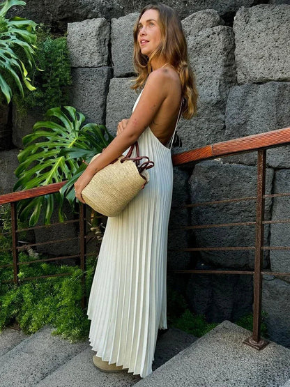 vzyzv -  Sexy Solid Pleated Halter Backless Long Dress Women Elegant Loose Sleeveless Lace Up Dresses  Summer Lady Holiday Vestidos