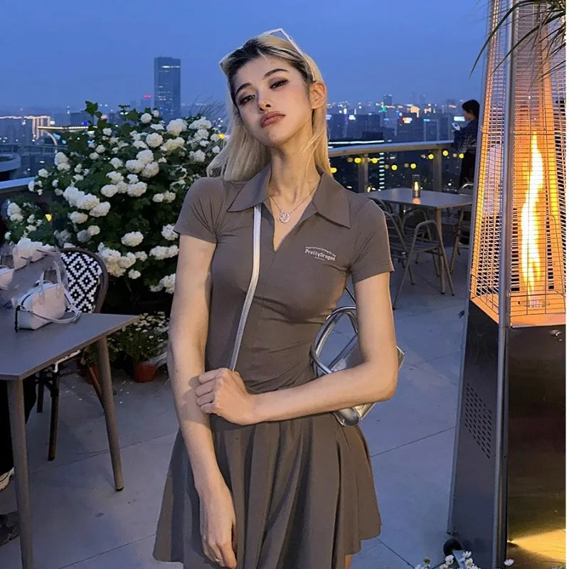 vzyzv -  Sweet Hot Girl Lace-up Pleated Dress for Women's Summer Polo-neck Gray Slim Fit A-line Short Dress Fashion Female Clothes