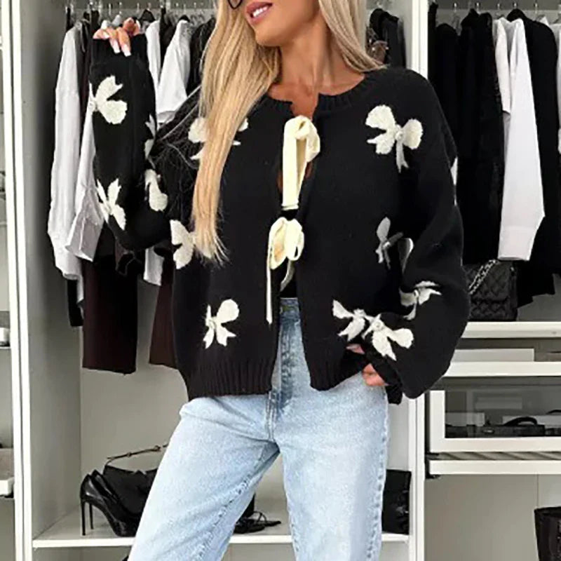 vzyzv  -  Lady Elegant Long Sleeve Commuter Sweater New Winter Fashion Butterfly Knot Printed Sweater Casual O Neck Lace Up Loose Cardigan