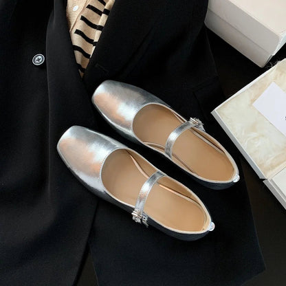 vzyzv  -  Casual Women Flats Spring Summer Office Ladies Silver Metal Color Mary Janes Shoes Woman Retro Style Concise Comfortable Flats