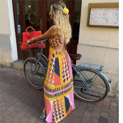 vzyzv -  Neck Print Dress Sexy Maxi Dress Beach Backless Sleeveless High Waisted Women's Summer Swing Bohemian Retro Dress