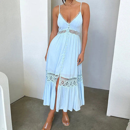 vzyzv -  Sexy Lace V-neck Split Party Dress, Blue Sleeveless Suspender Women's Long Dress New Summer Fashion Patchwork Button Beach Dress