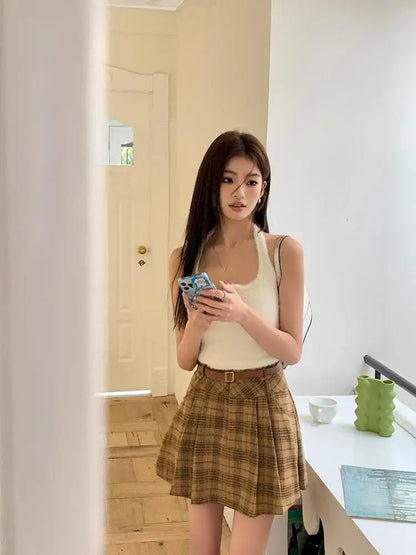 vzyzv  -  Korean Vintage Brown Plaid Pleated Skirt Female Autumn Winter Elegant Slim High Waist A-line Short Student Woolen Skirt  New