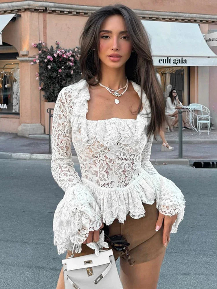 vzyzv  -  Splice Lace Square Collar See-through Top For Women Fashion Slim Sexy Flare Long Sleeve White T-Shirt Female Pullover New