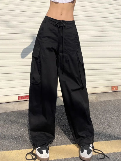 nvxiot  -  American White Spicy Girl Workwear Pants, Women'S Design Sense, Drawstring Pockets, Loose Fitting Wide Leg Casual Pants