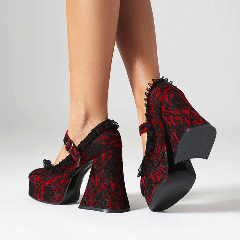 vzyzv  -  Lace Printed Fabric Platform Ultra-High Conical Heel Shallow Fashion High Heels Buckle Floral Fabric Elegant And Sexy Pumps