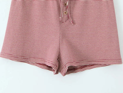 vzyzv  -  2 pieces 1 set American Retro Wine red with White Striped Buttons Cardigan + Lacing up Bow Drawstring Waist Mini Shorts