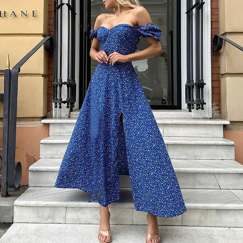 vzyzv  -  Women Floral Printed Tube Tops Long Dress Elegant High Slit Short Sleeve A-line Dress Sexy Square Collar French Party Dress